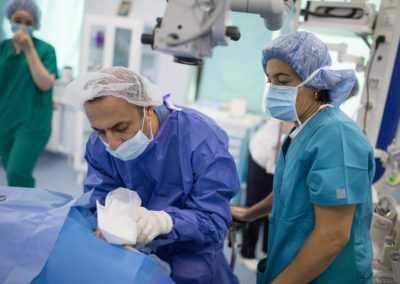 Stepanakert Ophthalmologist surgeon Dr. Narek Mikayelyan and Dr. Mireille Hamparian working on an eye cataract case together.